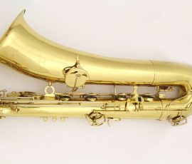 Source: ringhilterrastrumentimusicali on eBay.com L.A. Ripamonti bass saxophone, Jinyin-made bass saxophone, long wrap bass, stencil sax, Chinese bass sax, vintage American style, Conn New Wonder bass sax copy,