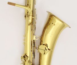 Source: ringhilterrastrumentimusicali on eBay.com L.A. Ripamonti bass saxophone, Jinyin-made bass saxophone, long wrap bass, stencil sax, Chinese bass sax, vintage American style, Conn New Wonder bass sax copy,