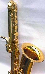 Source: MasonProSaxophonesSince1949 on eBay.com Mason Pro bass saxophone, Jinyin-made bass saxophone, long wrap bass, stencil sax, Chinese bass sax, vintage American style, Conn New Wonder bass sax copy,