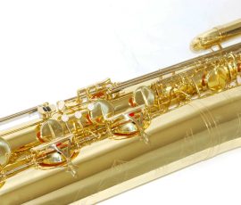 Source: intermuzika on eBay.com Oleg Maestro bass saxophone, Jinbao-made bass saxophone, short wrap bass, stencil sax, Chinese bass sax, Super Action 80 Series II copy,