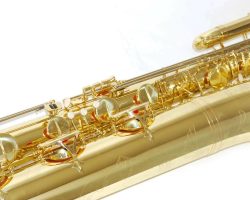 Source: intermuzika on eBay.com Oleg Maestro bass saxophone, Jinbao-made bass saxophone, short wrap bass, stencil sax, Chinese bass sax, Super Action 80 Series II copy,