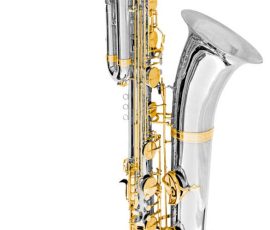 Source: musiansfriend.com Oleg Maestro bass saxophone, Jinbao-made bass saxophone, short wrap bass, stencil sax, Chinese bass sax, Super Action 80 Series II copy, silver plated with gold lacquer keys and guards