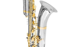 Source: musiansfriend.com Oleg Maestro bass saxophone, Jinbao-made bass saxophone, short wrap bass, stencil sax, Chinese bass sax, Super Action 80 Series II copy, silver plated with gold lacquer keys and guards