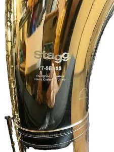Source: vicdev99 on eBay.com Stagg bass saxophone, Jinbao-made bass saxophone, short wrap bass, stencil sax, Chinese bass sax, Super Action 80 Series II copy,