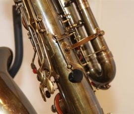 Source: eBay.com J'Elle Stainer bass saxophone, Jinbao-made bass saxophone, short wrap bass, stencil sax, Chinese bass sax, Super Action 80 Series II copy, vintage finish