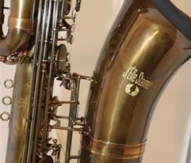 Source: eBay.com J'Elle Stainer bass saxophone, Jinbao-made bass saxophone, short wrap bass, stencil sax, Chinese bass sax, Super Action 80 Series II copy, vintage finish