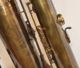 Source: eBay.com J'Elle Stainer bass saxophone, Jinbao-made bass saxophone, short wrap bass, stencil sax, Chinese bass sax, Super Action 80 Series II copy, vintage finish