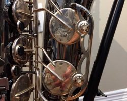 Dave Guardala tenor #360230 Made in China or Taiwan. Source: A Friend of Bassic Sax Dave Guardala tenor sax, Asian-made saxophone, black nickel silver key work,