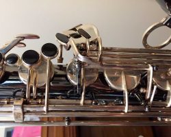 Dave Guardala tenor #360230 Made in China or Taiwan. Source: A Friend of Bassic Sax Dave Guardala tenor sax, Asian-made saxophone, black nickel silver key work,