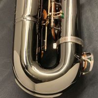 Serial # 013266. Source: Cliff's Gear Outlet on reverb.com low A bari sax, Dave Guardala Artist Series baritone saxophone, floral engraving, black nickel plated with silver plated keys, B&S