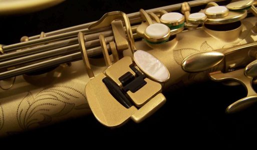 Earth Tone tenor #015149. Source: Dave Kessler DG-503ET tenor sax, Dave Guardala tenor saxophone, B&S, matt gold finish with gold lacquer inner bell, extensive floral engraving all over